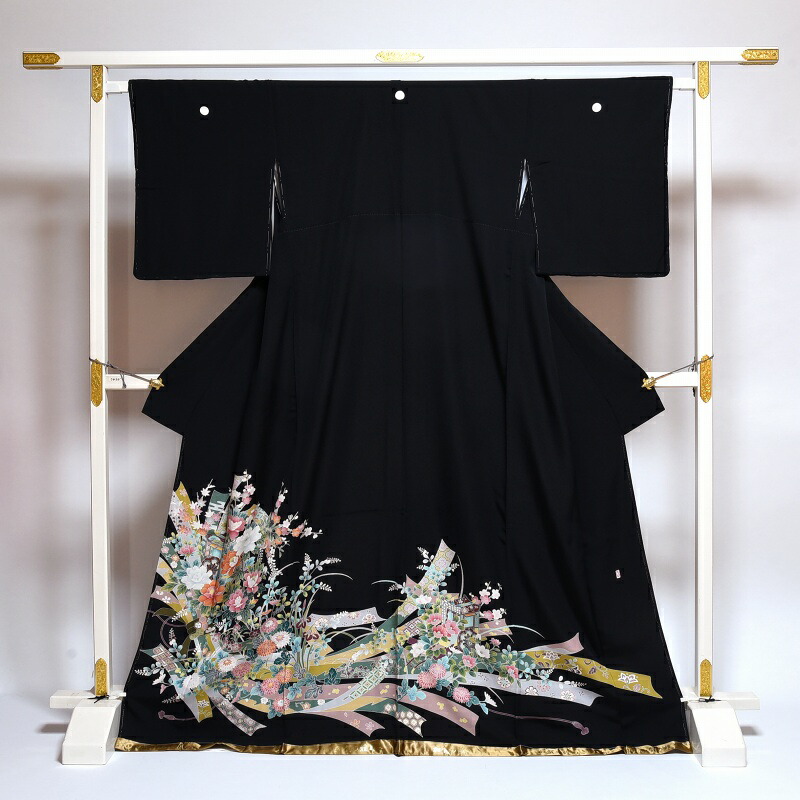 D736 黒留袖　手描き友禅　落款　花模様　正絹　着物　袷　極美品 022002044499.jpg