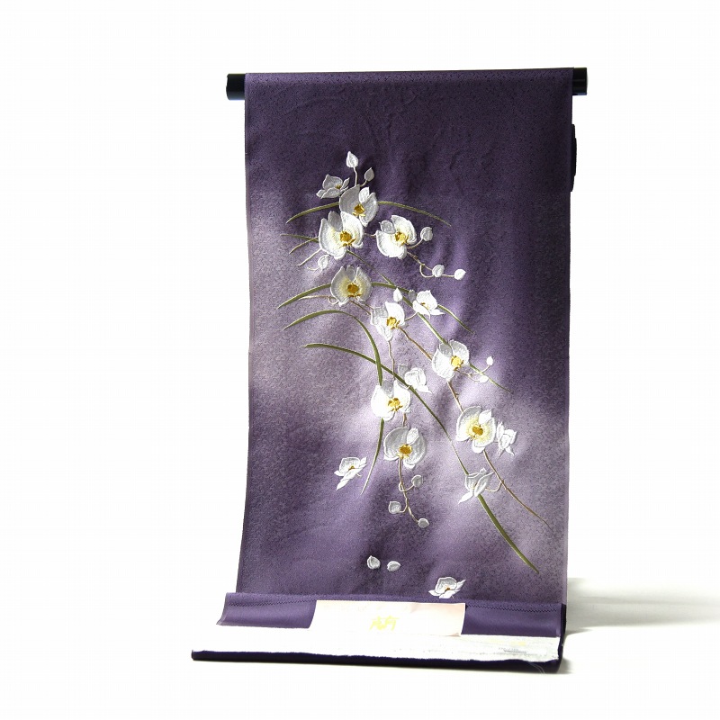 付下げ　反物販売　胡蝶蘭　京刺繍　ぼかし染め　紫色　裄６８．５ｃｍまで　正絹　準礼装用/セミフォーマル用｜さわらび～ほりだし堂～