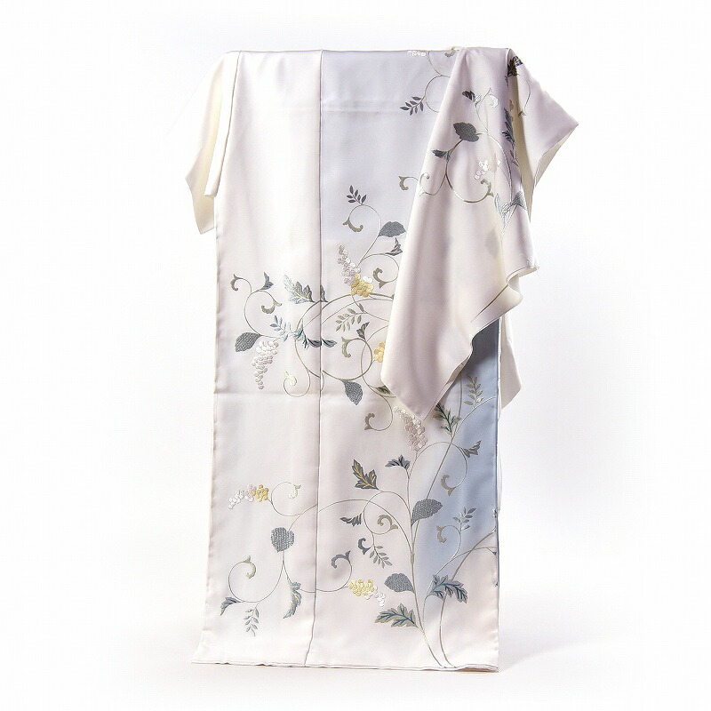 豪華手刺繍　訪問着　手縫いお仕立て付き　染め分け葡萄唐草　白地に水色　【裄６９．５ｃｍ位まで】結婚式・披露宴・パーティ・入卒式・宮参り・七五三に♪送料込み｜さわらび～ほりだし堂～