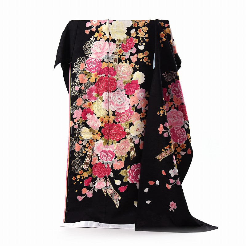 振袖 フルオーダー手縫いお仕立てもの付き添い人 十日町「関芳」製 御芽出度ファッションデザイナー「桂由美」 黒地 刺しゅう入り口・入口名取り草 身の丈１７５ｃｍ位まで、裄７２．５ｃｍまで 貨物輸送込み 伝達ルート石ころ入り口・入口