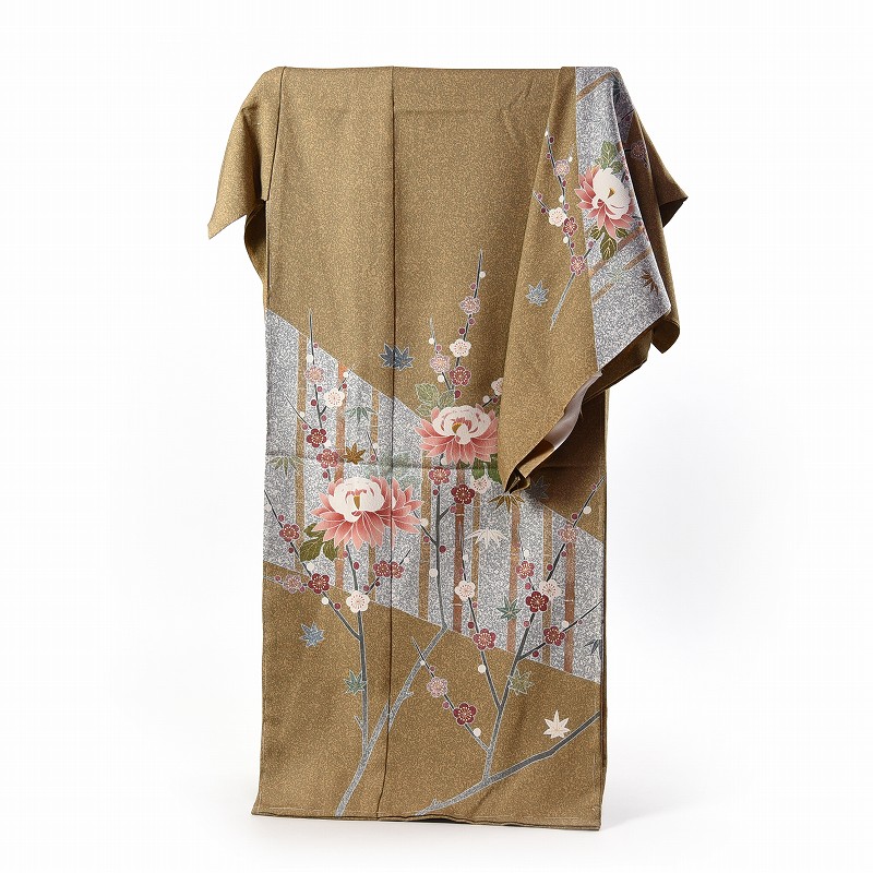 大喜百花訪問着 青柳謹製訪問着　トールサイズ花柄 茶色とベージュ裄丈68.5 大喜百花訪問着 青柳謹製訪問着トールサイズ花柄 茶色とベージュ裄丈68.5