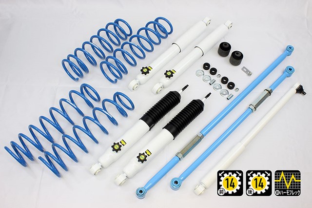 4x4 カントリーサスペンションキット JCグレード JB74 30mm 減衰FR ステアリングダンパー Fラテラルロッド リーディングアームブッシュ｜エスクリエイト