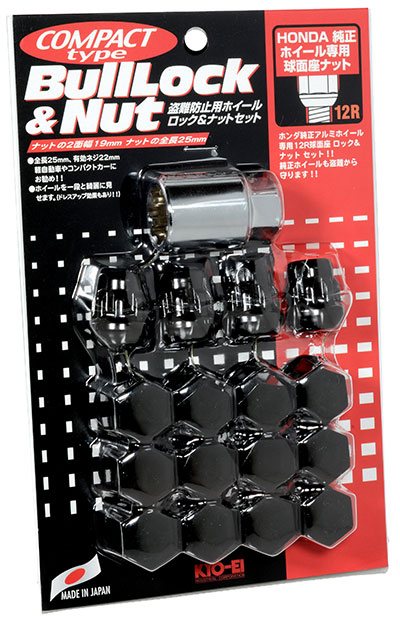 協永産業 ブルロック ロック＆ナット セット 12R球面座 袋タイプ 19HEX M12×P1.5 4H車用 16pcs ブラック / Bull Lock&Nut (K0601B-12R) KYO-EI