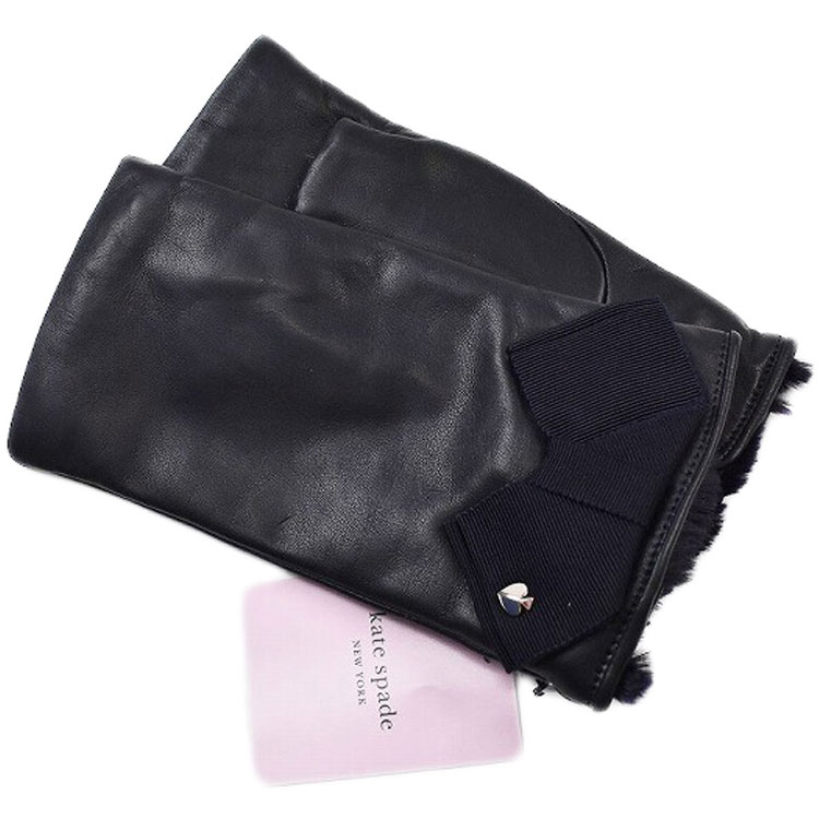 ケイトスペード ニューヨーク 手袋 レディース ブランド KateSpade NEWYORK 指なし ラムレザー グログランリボン ウール カシミヤ混 濃紺 ダーク ネイビー 20cm 21cm 女性 婦人 防寒 カシミア n1n ｜Selectshop season