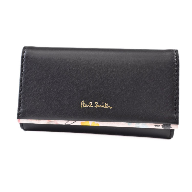 ポールスミス キーケース 4連 レディース ブランド Paul Smith フラップ 専用箱付 ペタルプリントトリム 黒 ブラック 女性 婦人 本革 PWD511