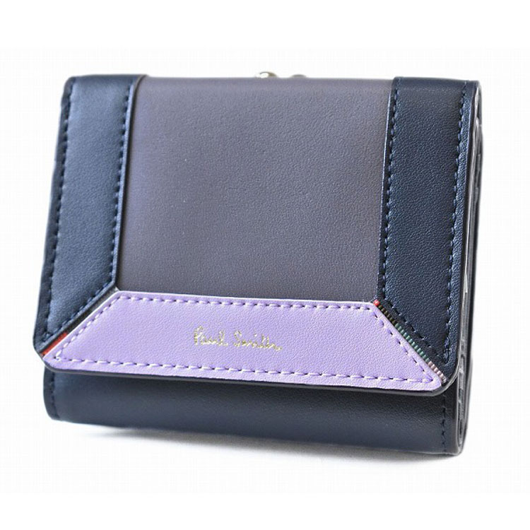 ポールスミス 財布 三つ折り がま口 レディース ブランド Paul Smith コントラストカラーブロック 専用箱付 グレー 紺 ネイビー 女性 婦人 本革 コンパクト BPW274