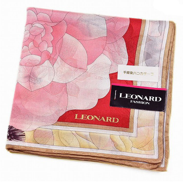レオナール 大判 ハンカチ レディース 1枚 ブランド LEONARD シルク 混 赤 レッド × ピンク イエロー フラワー ゴールド ライン プリント 女性 婦人 母の日