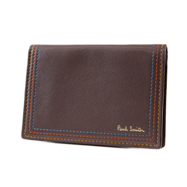 極点スミス 歌留多入れもの 通り手形入れもの 定期入れ メンズ ブランド名 Paul Smith 縞模様 編み目 二つ折り 専用箱付 茶 チョコレート 赤銅色 成人男性 成人男性 本革 PSC691 訳あり