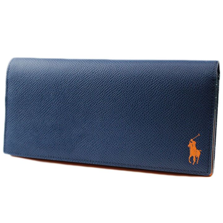 ポロ ラルフローレン 長財布 財布 メンズ ブランド POLO Ralph Lauren フラップ コントラストレザー カラーポニー 箱無 紺 ネイビー オレンジ 訳あり 20代 30代 40代 50代 60代 おしゃれ 男性 紳士 本革
