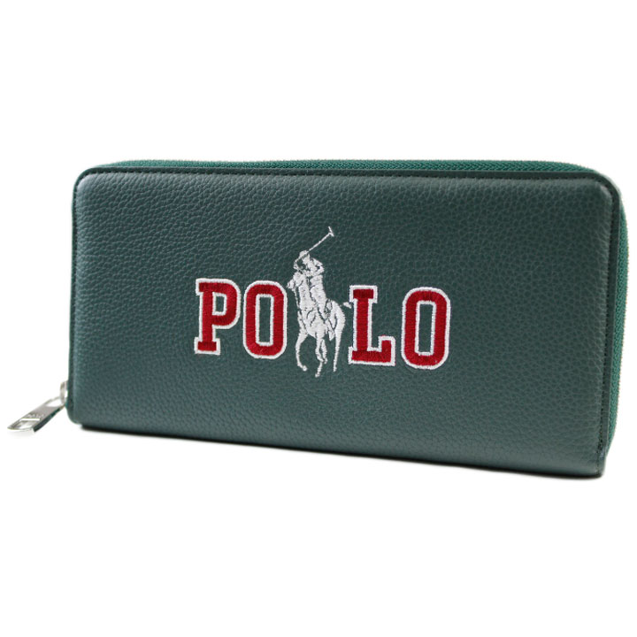 ポロ ラルフローレン 長財布 財布 ラウンドファスナー メンズ ブランド POLO Ralph Lauren Embroidery Polo & Logo エンブロイダリー ポロ ロゴ 刺繍 箱無 緑 グリーン 20代 30代 40代 50代 60代 おしゃれ 男性 紳士 本革 新品 訳あり