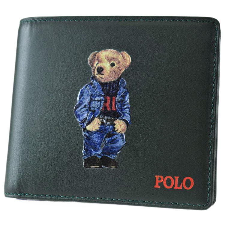 【希少】Ralph Lauren ラルフローレン ポロベア 折り財布 レザー 緑 ギフトに【ラルフローレン】ポロベア グリーン レザーウォレット