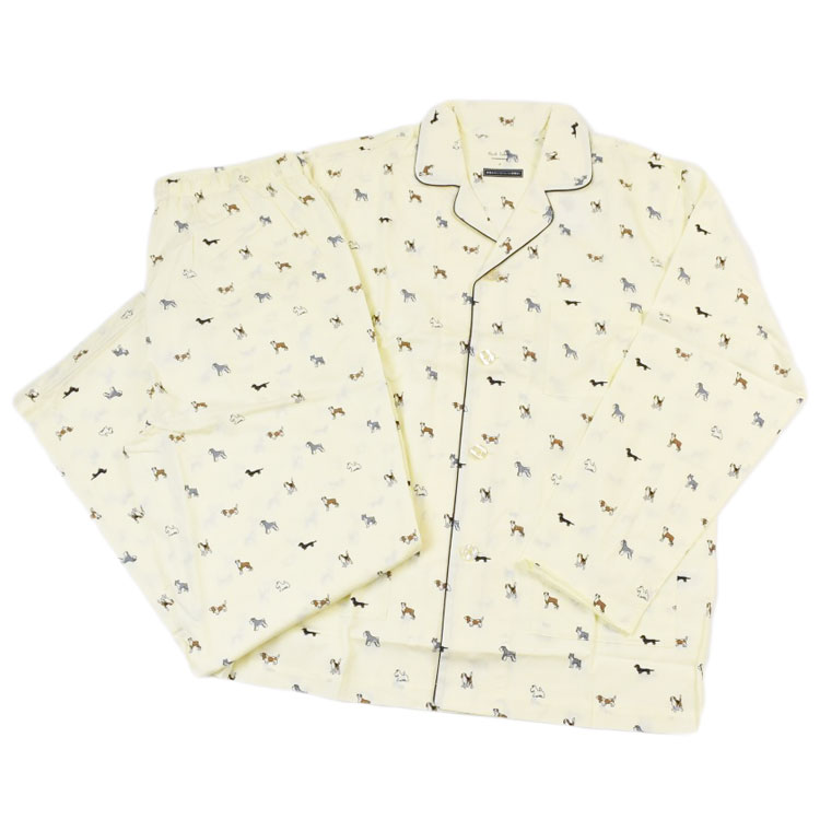 ポールスミス パジャマ メンズ ブランド Paul Smith ラウンジウエア LOUNGEWEAR イヌ ドッグ Dogs プリント 長袖 ロングパンツ 前開き 上下 セット セットアップ ルームウェア ホームウェア M L LL アイボリー イエロー 男性 紳士 プレゼント ギフト おしゃれ 父の日 実用的