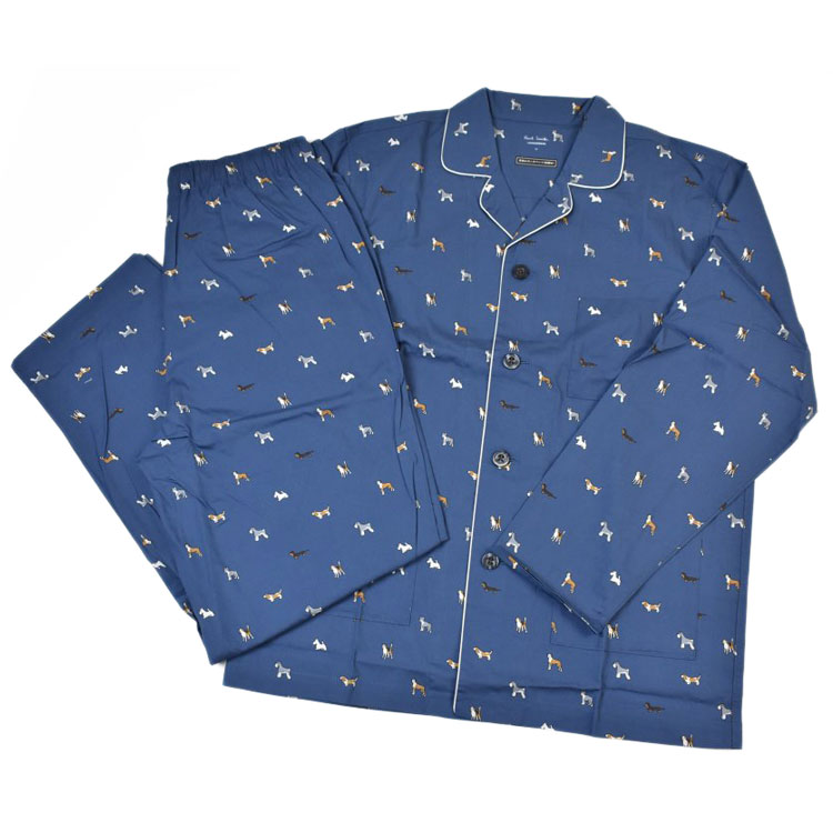 ポールスミス パジャマ メンズ ブランド Paul Smith ラウンジウエア LOUNGEWEAR イヌ ドッグ Dogs プリント 長袖 ロングパンツ 前開き 上下 セット セットアップ ルームウェア ホームウェア M L LL 青 ダーク ブルー 男性 紳士 プレゼント ギフト おしゃれ 父の日 実用的
