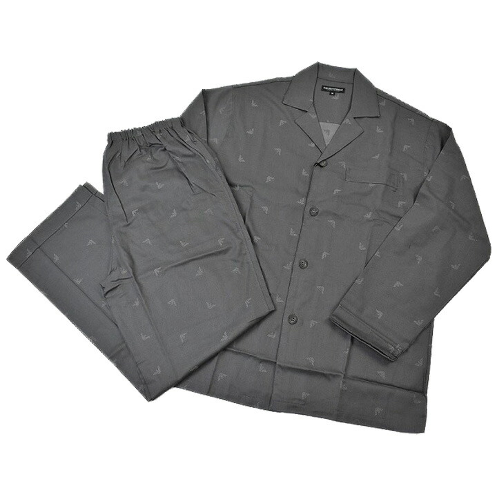 【新古品】エンポリオ アルマーニ パジャマ メンズ ブランド EMPORIO ARMANI チャコール グレー 織ロゴ 長袖 ロングパンツ 前開き 上下 セット セットアップ ルームウェア ホームウェア M L LL サイズ 男性 紳士