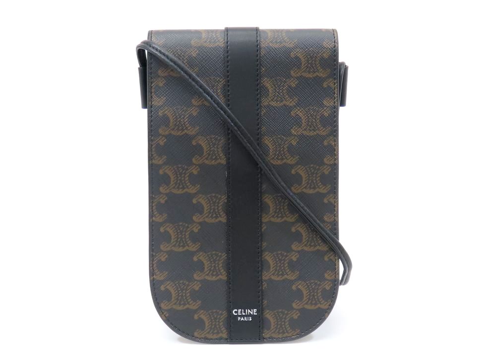 CELINE - CELINE(セリーヌ) 携帯電話ケース モバイルポーチ,トリオンフキャンバス 10H742DCH.38SI 黒×ダークブラウン CELINE - CELINE(セリーヌ) 携帯電話ケース モバイルポーチ