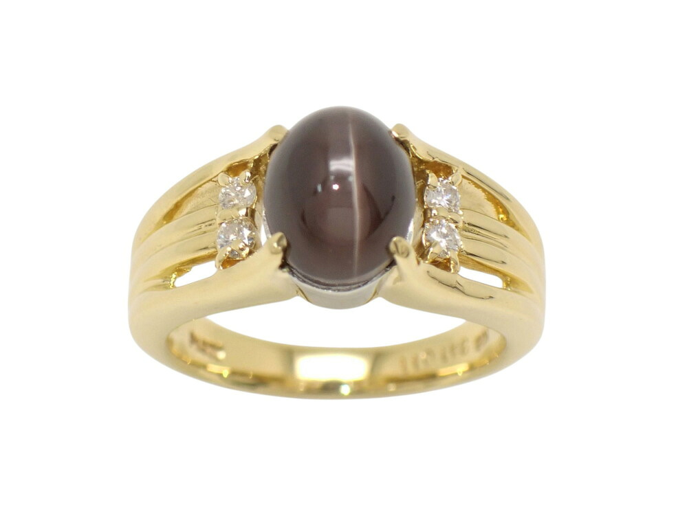 K18YG/Pt900 シリマナイトキャッツアイ3.41ct メレダイヤ0.11ct デザイン リング #13 【新宿店】【中古】