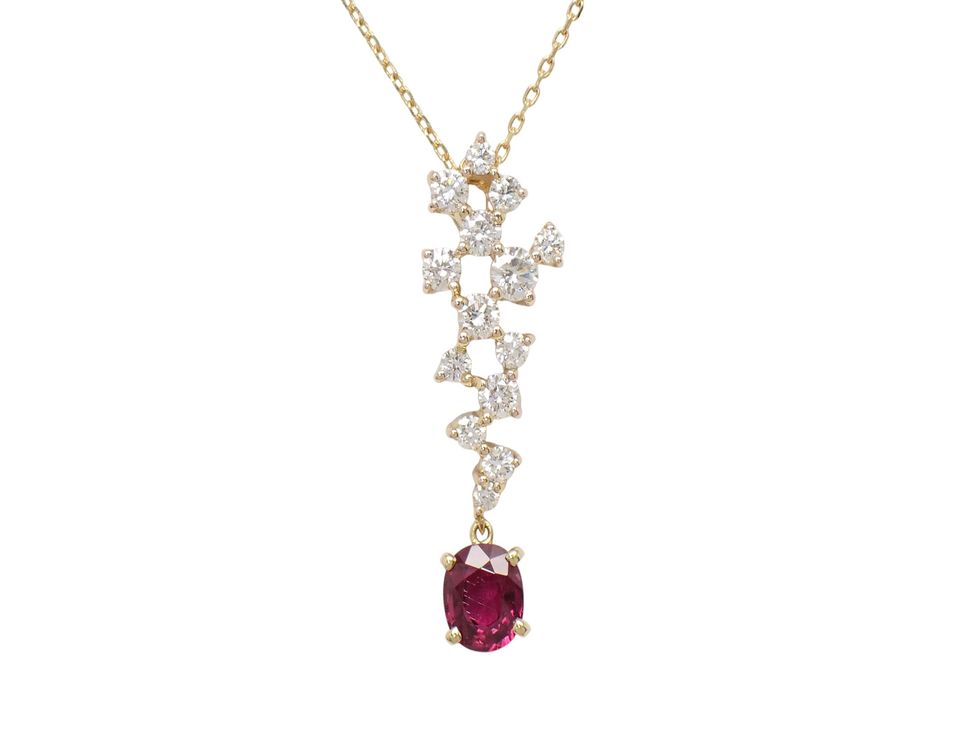 K18PG/YG(枠のみ) ルビー0.60ct メレダイヤ0.70ct デザイン ネックレス 【新宿店】【中古】