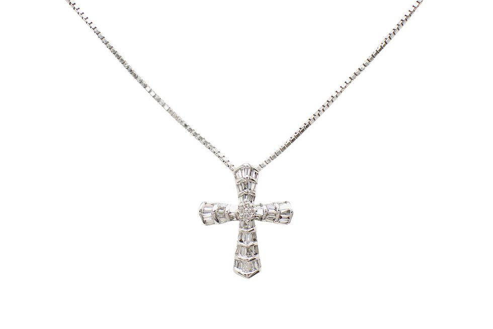 K18WG テーパーカットダイヤ･メレダイヤ0.42ct クロス ペンダント ネックレス 【新宿店】【中古】