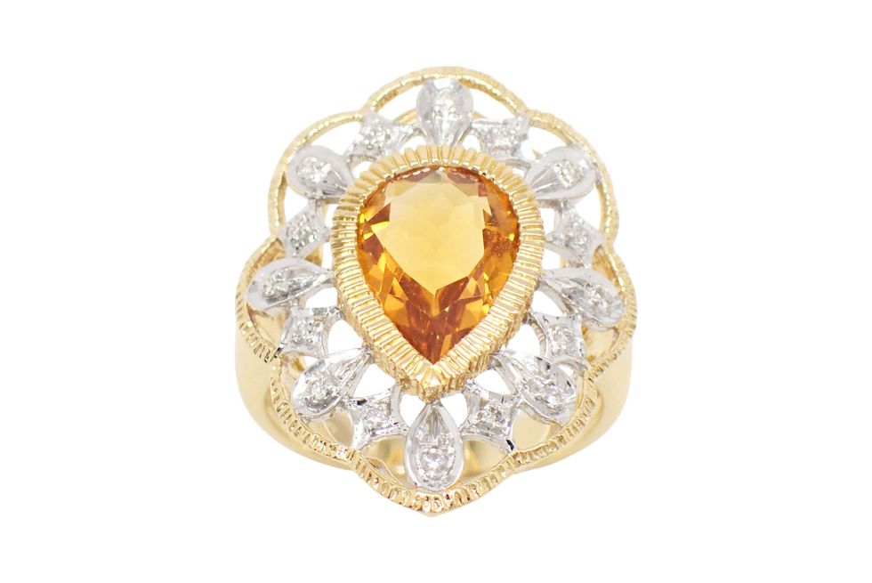 K18YG/WG ペアシェイプカットシトリン2.60ct メレダイヤ0.13ct デザイン リング #13【新宿店】【中古】【新着】