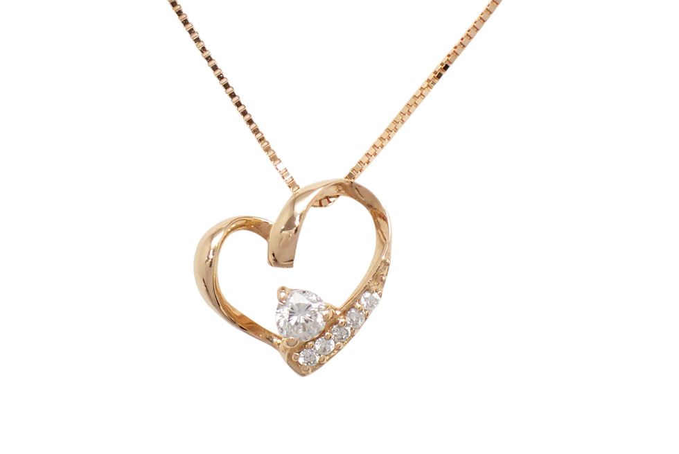 K18PG ダイヤ0.07ct 5Pメレダイヤ0.03ct ハートデザイン ネックレス 【新宿店】【中古】【新着】