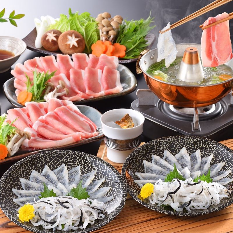 父の日 ふぐ 送料無料 早割 お取り寄せグルメ 海と丘の豚しゃぶ食べ比べ 豚肉 しゃぶしゃぶ ふぐ刺身 御祝 内祝 ギフト 送料無料