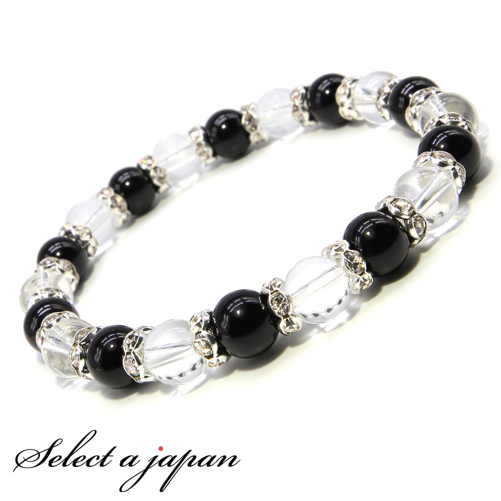 ヘマタイトと黒ビーズのブレスレット 光沢ヘマタイト6mm玉 磁気有 チベット産モリオン(黒水晶) 8mm玉