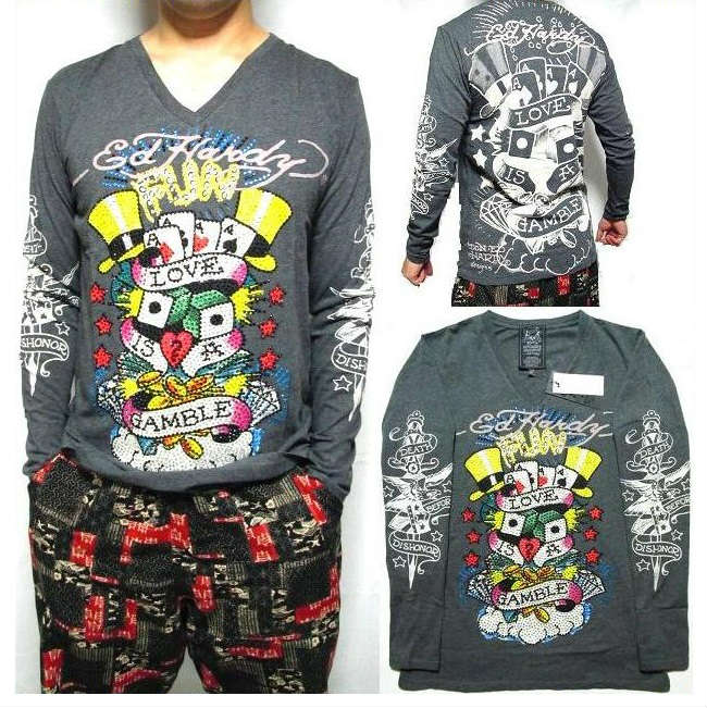 エドハーディー ed hardy エド・ハーディー ティーシャツ ロンT メンズ 長袖 手なぐさみ Vのど首 伝達ルート石ころ 薄墨色 S-XL