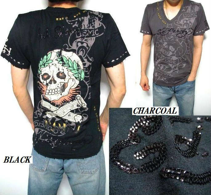 エドハーディー tプルオーバー ed hardy エド・ハーディー ティーシャツ メンズ 永遠の都 スカル スタッズ スパンコール Vのど首 半袖 ビンテージ 黒いこと/濃灰色 ごく小さい大きさ 大きさS