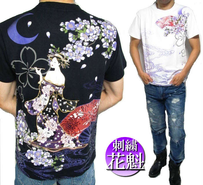 Tシャツ メンズ 和柄 刺繍/花魁 紫/パープル メンズファッション トップス 半袖 祭り 衣装