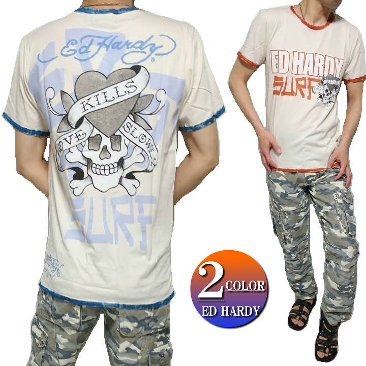 エドハーディー tシャツ ed hardy エド・ハーディー Tシャツ メンズ スカル/ドクロ/ラブキル ふちペイント 半袖 ブルー/オレンジ M-XL 7,992円