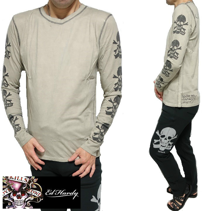 エドハーディー tプルオーバー  ed hardy エド・ハーディー ティーシャツ ロンT メンズ 両袖/スカル/ドクロ/長袖 ビンテージ/ベージュ S-L