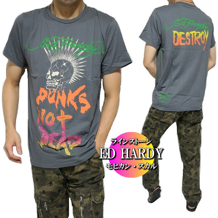 エドハーディー ed hardy エド・ハーディー Tシャツ メンズ モヒカン/スカル ラインストーン/スタッズ 半袖 チャコール M-XL
