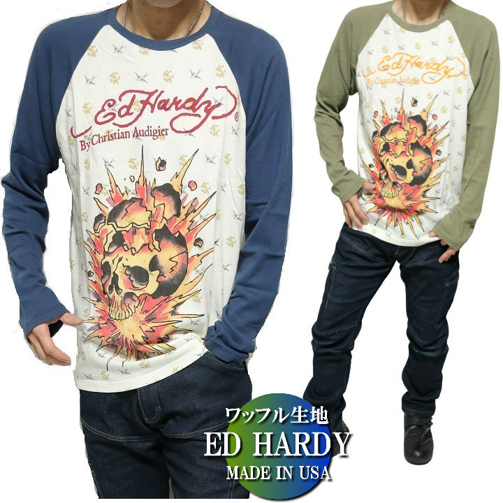 エドハーディー tプルオーバー スカル ドクロ tプルオーバー ed hardy ティーシャツ ロンT メンズ ラグラン/ワーヘル出どころ スカル 長袖 クリスチャンオードジェー  クリスチャン・オードジェー M-L