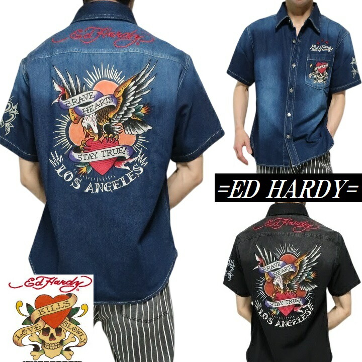 エドハーディー ジーンズティーシャツ ラブキル/スカル/ローズ/鷲 ED HARDY メンズ/レディース/ユニ一発やる ed hardy 人となり 半袖 インディゴ/黒いこと 大いさM-L-XL EDH-2504 ネバーマインド