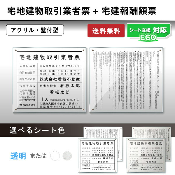 宅地建物取引業者登録票＋宅建報酬額票アクリル壁付型（令和7年4月改正版対応・法令対応）宅建業者票 許可票 法定標識 不動産業者用｜交換シート対応・エコ・送料無料・短納期｜法定看板堂