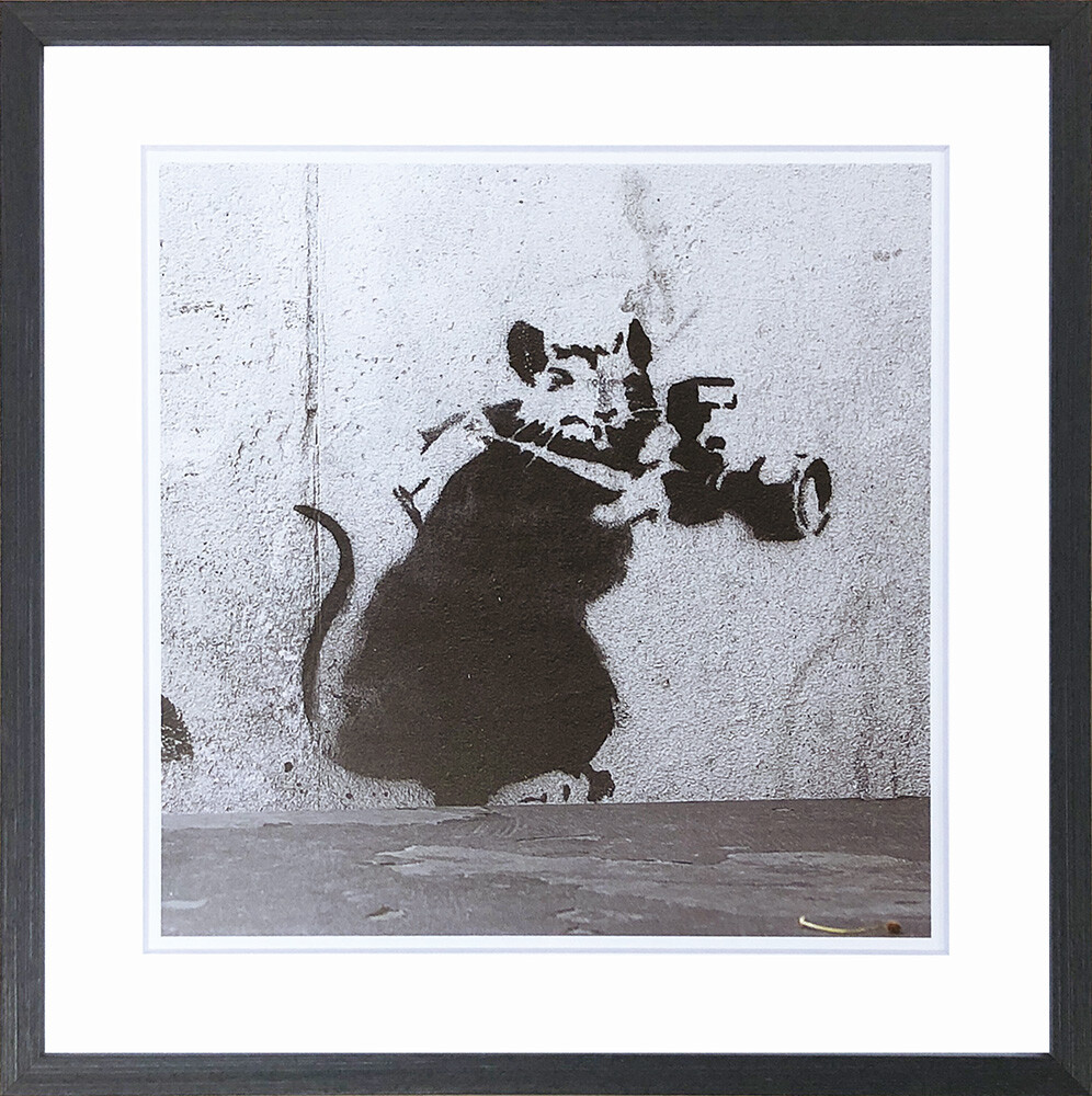 アートフレーム　バンクシー Banksy Papa-rat-zzi バンクシー 壁掛け アートパネル パパラッチをするネズミ モノトーン 額入り モダンアートフレーム グラフティアート 西海岸風 インテリア 雑貨 店舗装飾 スタイリッシュな動物モチーフ ストリートアート