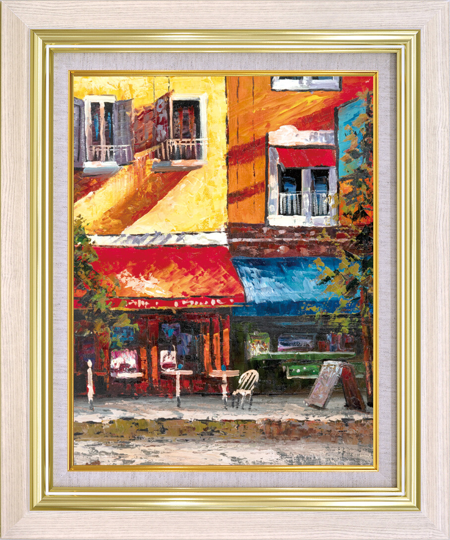 【風景画】油絵 オイルペイントアート 山下 大希 カフェ通り　F6（410x318mm） 油絵風景画 山下大希 カフェ通り パリ ヨーロッパ インテリアアート 肉筆 オイルペイント モダンアート 抽象 厚塗り 開店祝い 新築祝い 額装 リビング 店舗装飾 おしゃれ 北欧モダン｜ハンガーラック＆収納アップのお店