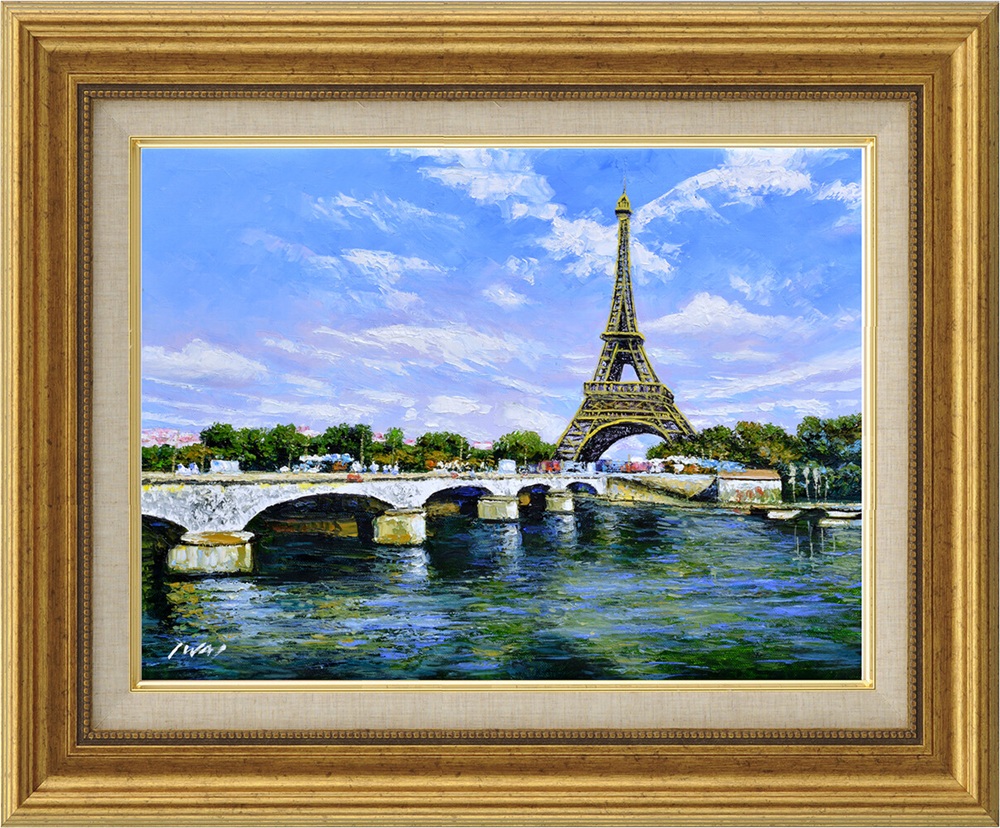 【風景画】油絵 オイルペイントアート 岩井 景文 エッフェル塔　F6（410x318mm） 油絵 風景画 岩井景文 エッフェル塔 パリ フランス セーヌ川 インテリアアート 肉筆 オイルペイント F6サイズ 印象派 厚塗り 金縁額縁 高級感 新築祝い 開店祝い ギフト 壁掛け 洋風インテリア｜ハンガーラック＆収納アップのお店