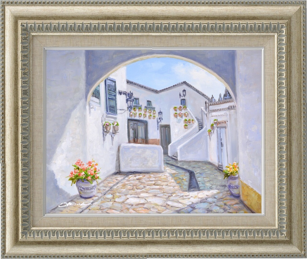 【風景画】油絵 オイルペイントアート 奥田 ひとみ　石畳の街並み　F6（410x318mm） 油絵 風景画 奥田ひとみ 石畳 ヨーロッパ 街並み 南欧 インテリアアート 肉筆 オイルペイント F6 額装済み 新築祝い 開店祝い 癒やし 壁掛け モダンインテリア プレゼント アートパネル｜ハンガーラック＆収納アップのお店