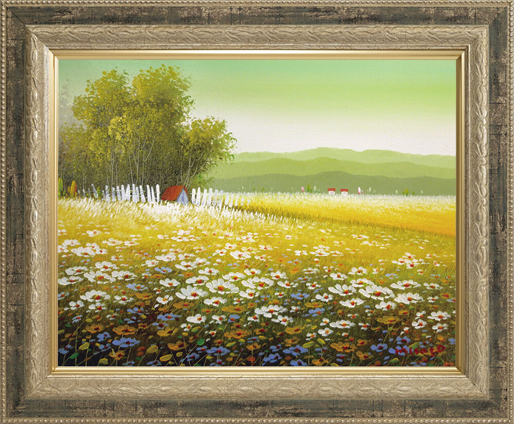 【風景画】油絵 オイルペイントアート 沢井 美里 コスモスの咲く頃 F6(410x318mm)油絵 秋の風景 花畑 インテリアアート 肉筆画 オイルペイント 癒やし 額装済み アンティーク調フレーム 新築祝い 開店祝い ギフト プレゼント 壁掛け 日本の風景 田園 モダンインテリア|ハンガーラック&収納アップのお店