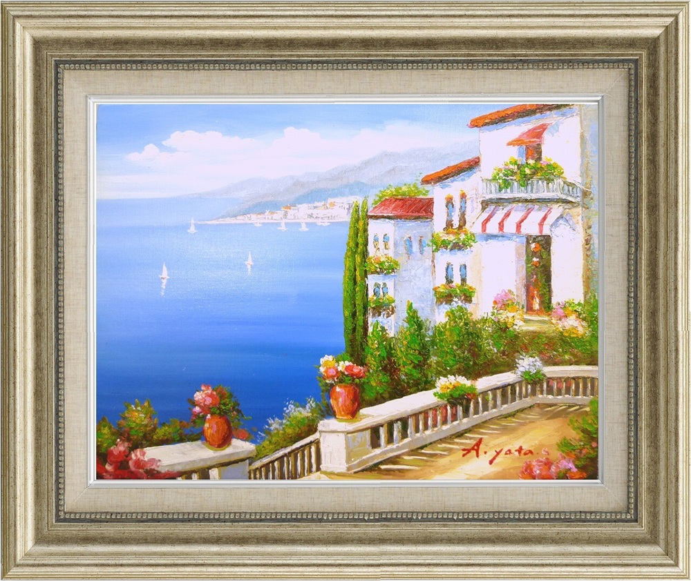 【風景画】油絵 オイルペイントアート 矢田 晃 青い海のテラス F6 北欧 油絵 風景画 矢田晃 地中海 南欧 リゾート 青い海 テラス 海辺 インテリア アート 額装 肉筆 ハンドペイント 開店祝い 新築祝い モダンインテリア 癒やし｜ハンガーラック＆収納アップのお店