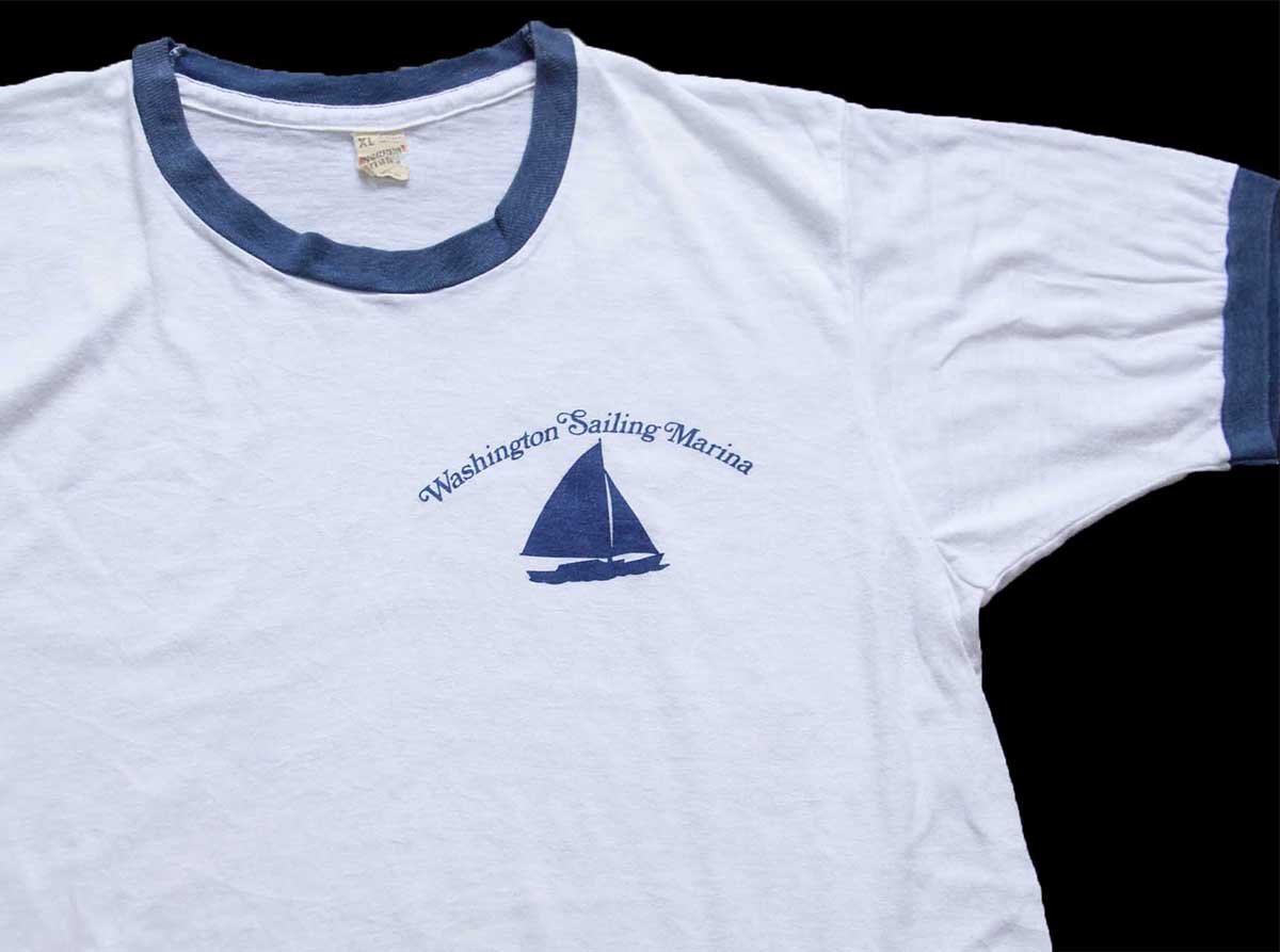 80s USA製 Washington Sailing Marina ヨット リンガーTシャツ 白×紺 XL【中古】