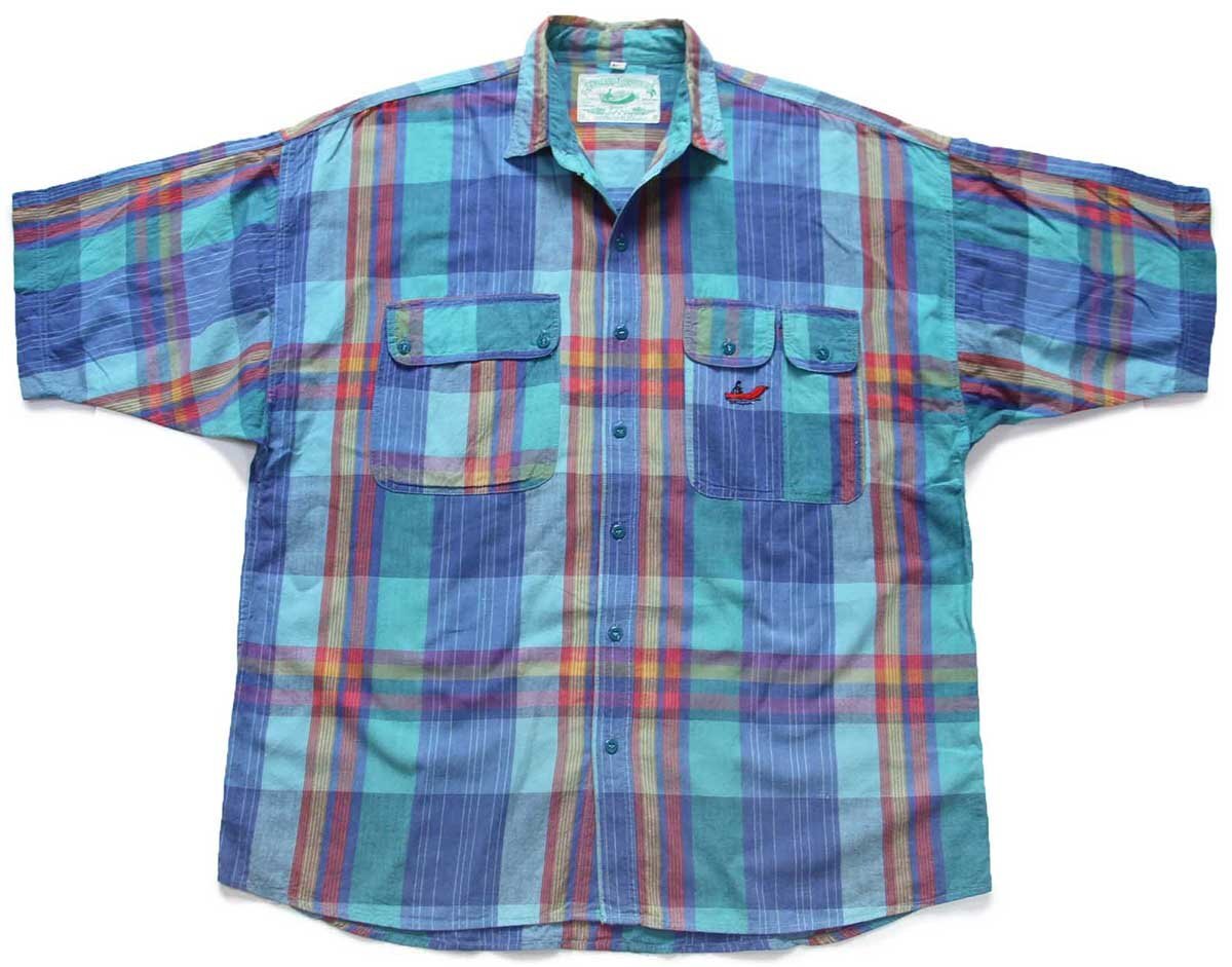 80s INDIANA REPUBLIC マドラスチェック 半袖 コットンシャツ XL★インド綿【中古】