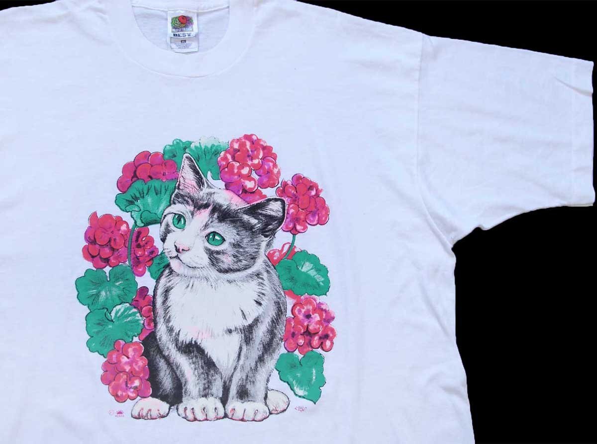 00s キャット フラワー アート Tシャツ 白 XL【中古】
