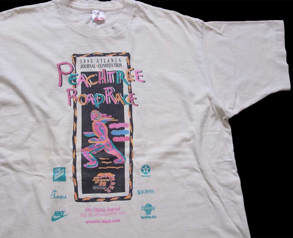 90s USA製 1995 ATLANTA PEACHTREE ROADRACE アート NIKE TEXACO Pedigree ロゴ 協賛 コットンTシャツ ベージュ XL【中古】