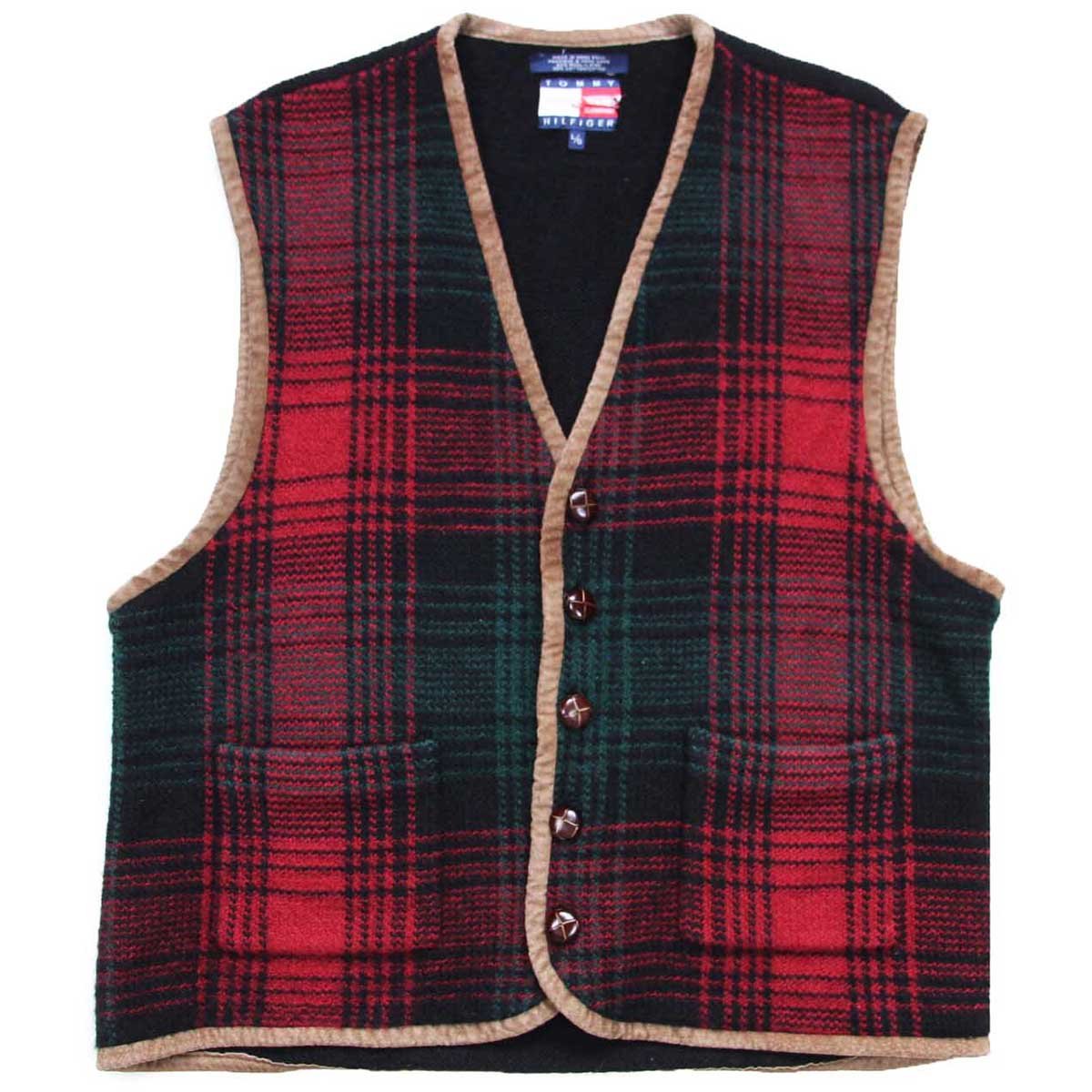 90s TOMMY HILFIGERトミーヒルフィガー パチポケ タータンチェック 切り替え ウール×コットンニット ベスト L【中古】