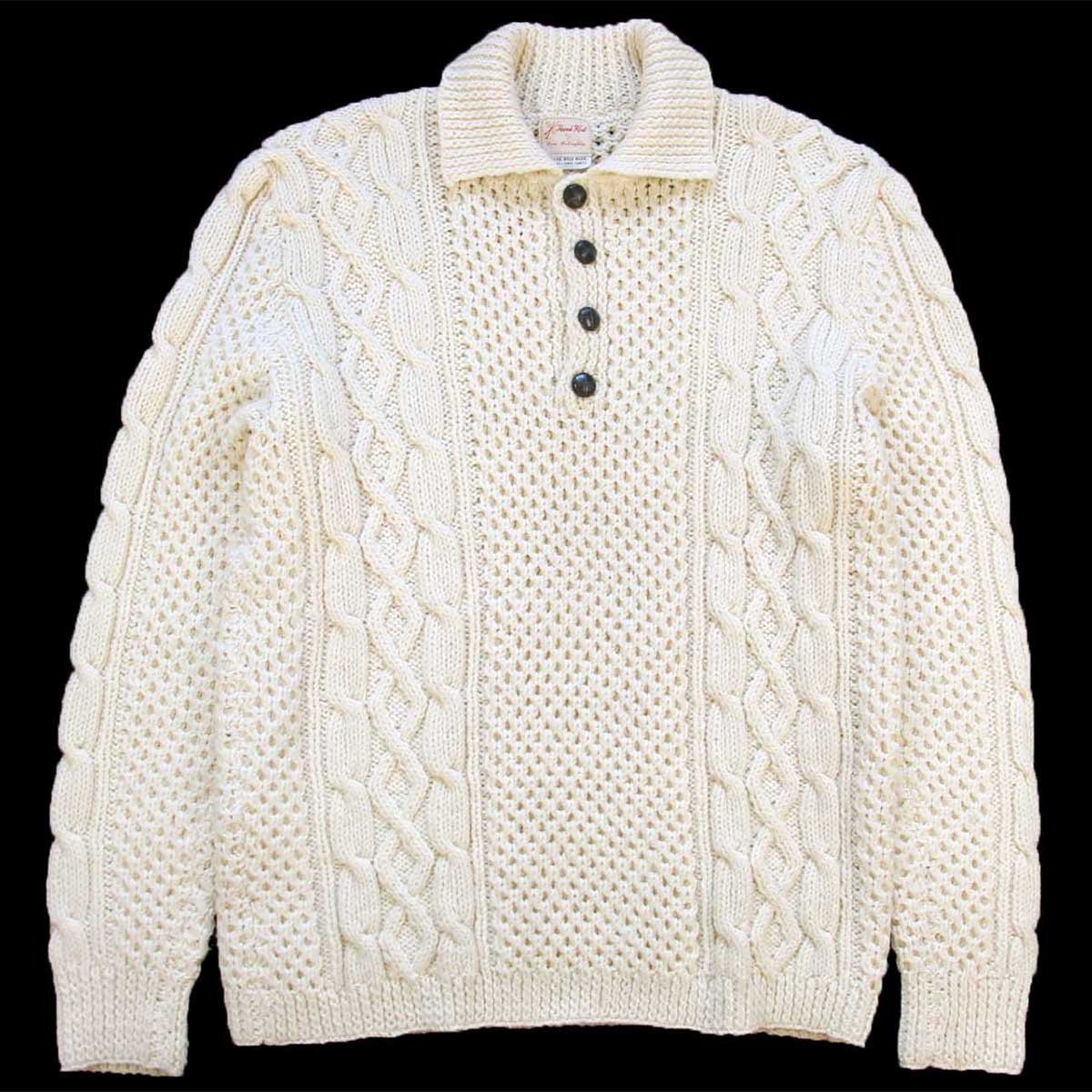 UNKNOWN 襟付き ケーブル編み ウール ハンドニット セーター ナチュラル★フィッシャーマン【中古】｜Used Clothing Sixpacjoe