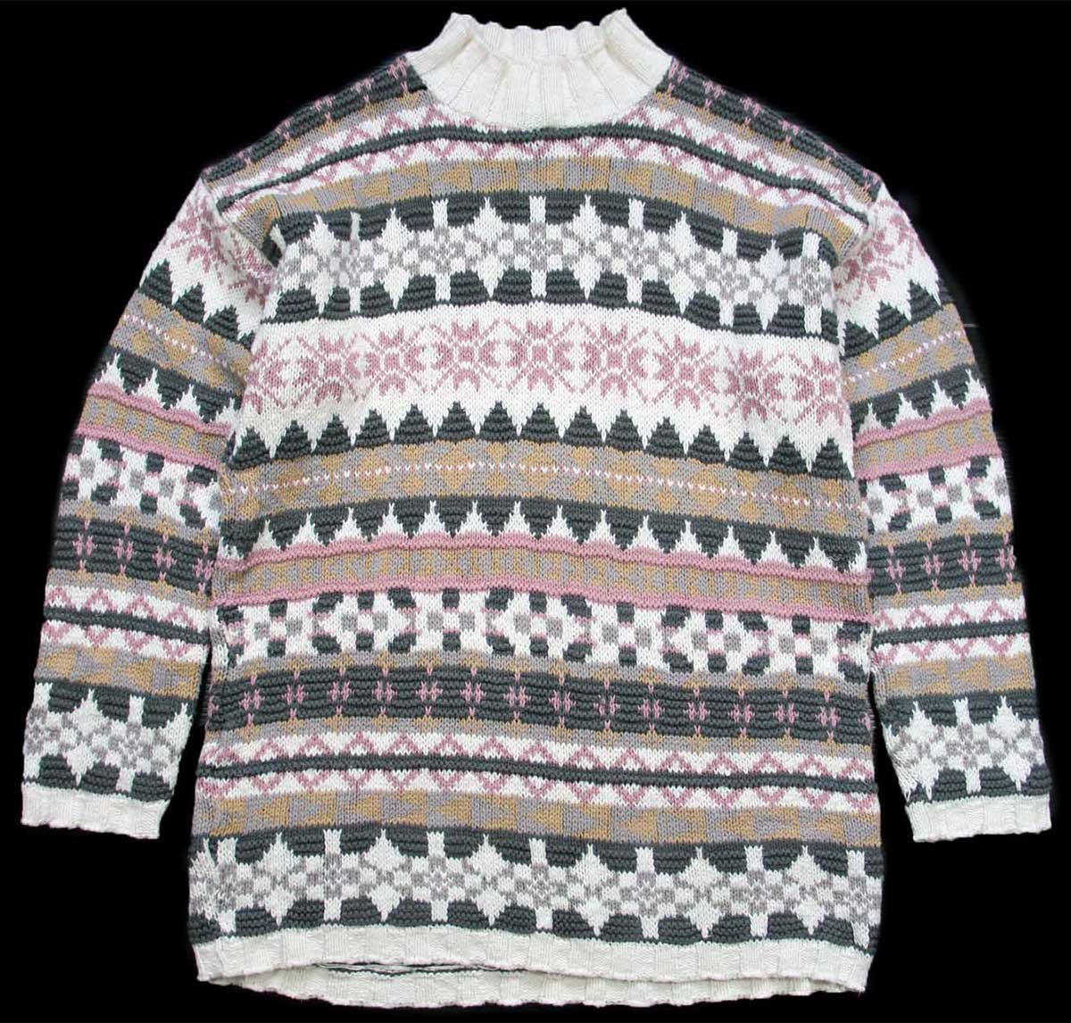 \u003cBR\u003e80s USA製 L.L.Bean 雪柄 ノース柄 モックネック 綿織物編み物 スウェーター L【中古】