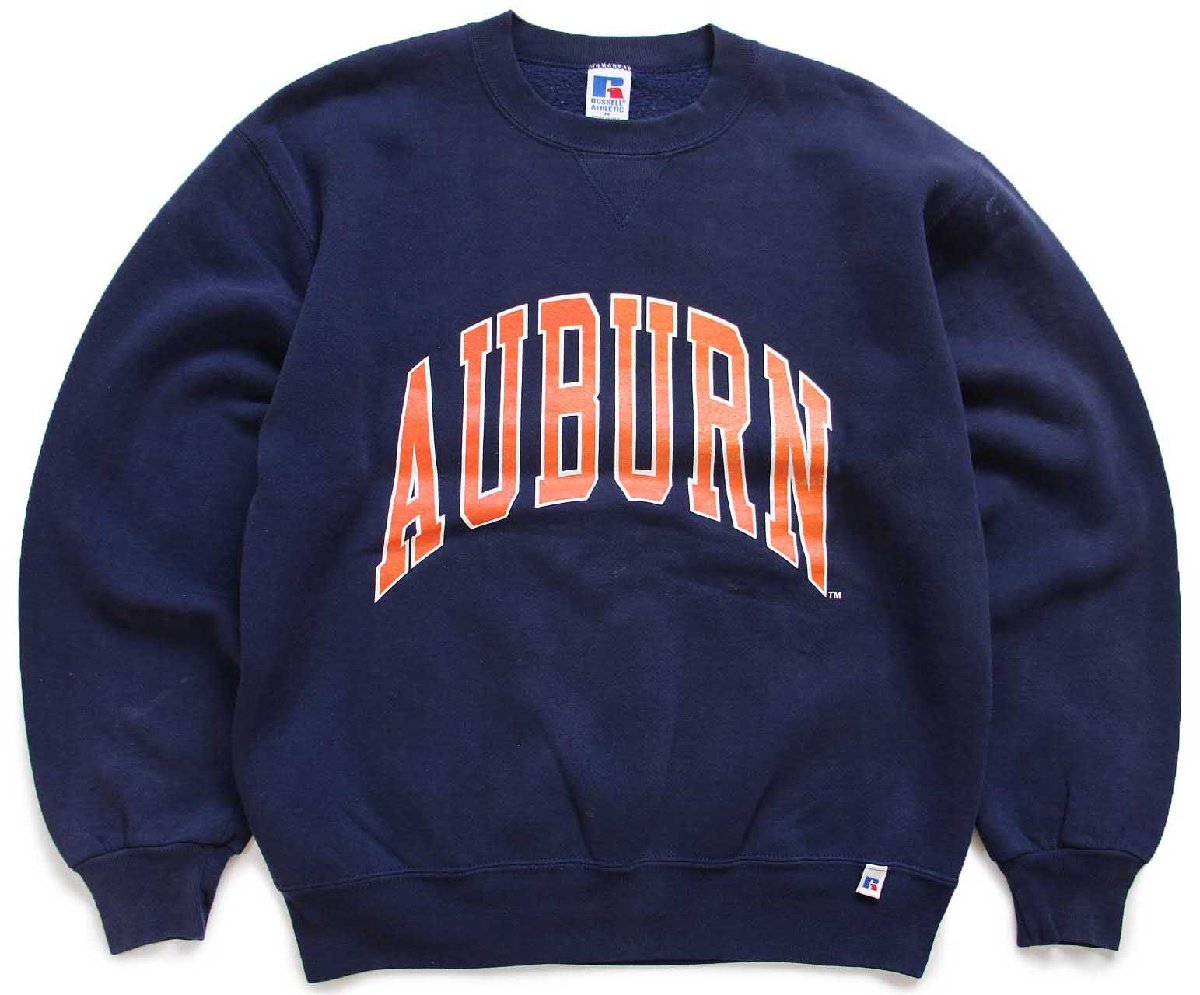 \u003cBR\u003e90s USA製 RUSSELLラッセル AUBURN えの具飛び 前V 流汗 紺 M【中古】