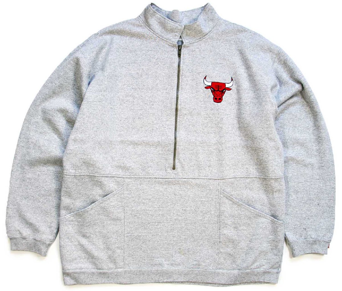 \u003cBR\u003e90s USA製 The Cotton Exchange NBA CHICAGO BULLS 風の強い町 ブルズ 刺しゅう 照明ランプ色つや ハーフジップ 流汗 杢薄墨色 XL【中古】